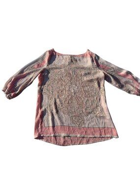 New York & Company Womens Boho Pink & Gray Paisley Print 3/4 Sleeve Blouse Top M
